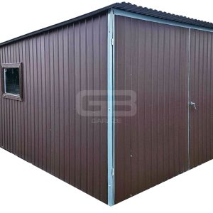 Garaż blaszany 3x4m - wolnostojący - brama dwuskrzydłowa - okno - ciemny brąz - spad w tył GB137