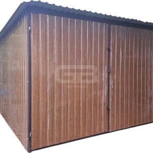 Garaż blaszany 3x4 Brama - ciemny orzech - drewnopodobny Dach spad w tył GB133