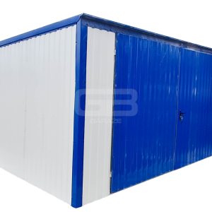 GARAŻ BLASZANY 4m x 5m pion - spad w tył - Brama - niebieski + biały GB159