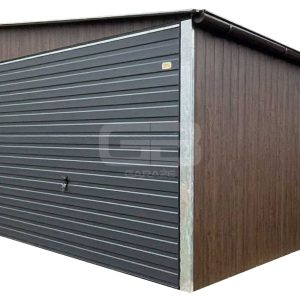 Garaż blaszany 6x5,8m - 2x Brama uchylna - Ciemny orzech - drewnopodobny - antracyt - rynny - dach dwuspadowy GB178